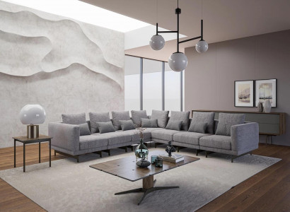 New Complete Furniture Corner Sofa L-Shape Textile Furniture Living Room Wood Coffee Table